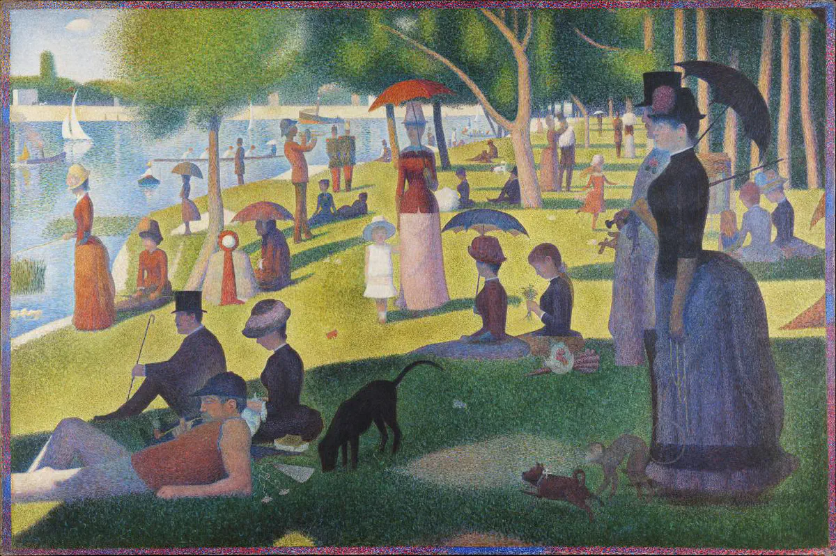 A broad riverside park filled with formally posed figures enjoying a Sunday afternoon. A fashionable couple stands in the right foreground, while a small girl in white faces the viewer near the center.