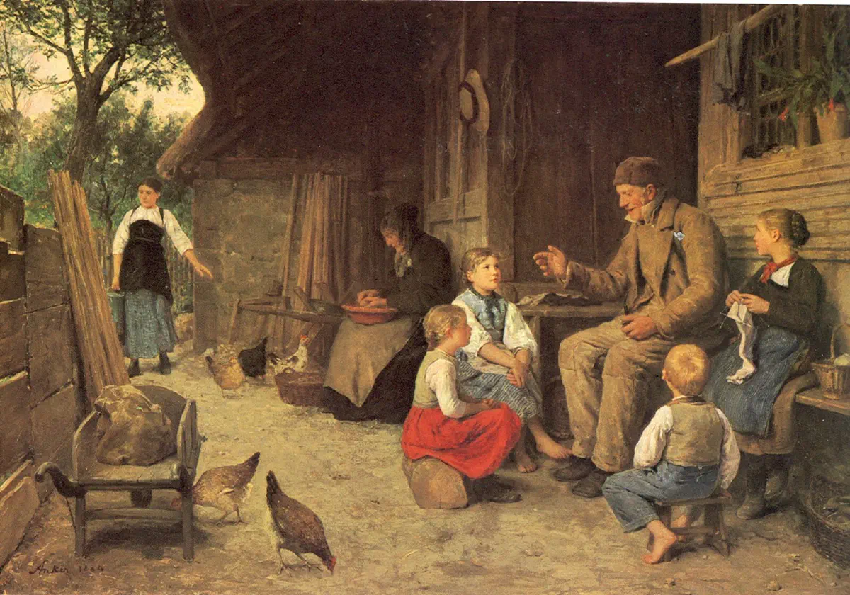 An elderly bearded man sitting in a rustic wooden interior gestures with one hand as five children listen intently.