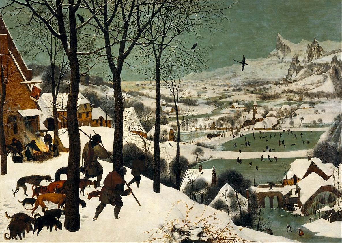 Three hunters and their dogs trudge downhill through snow toward a valley where villagers skate and play on frozen water.