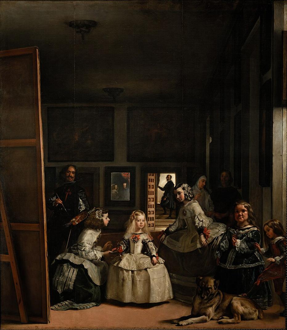 Diego Velázquez’s Las Meninas: the Infanta Margarita and her attendants gather in a palace room while the painter stands beside a large canvas; the king and queen appear in a mirror at the back.