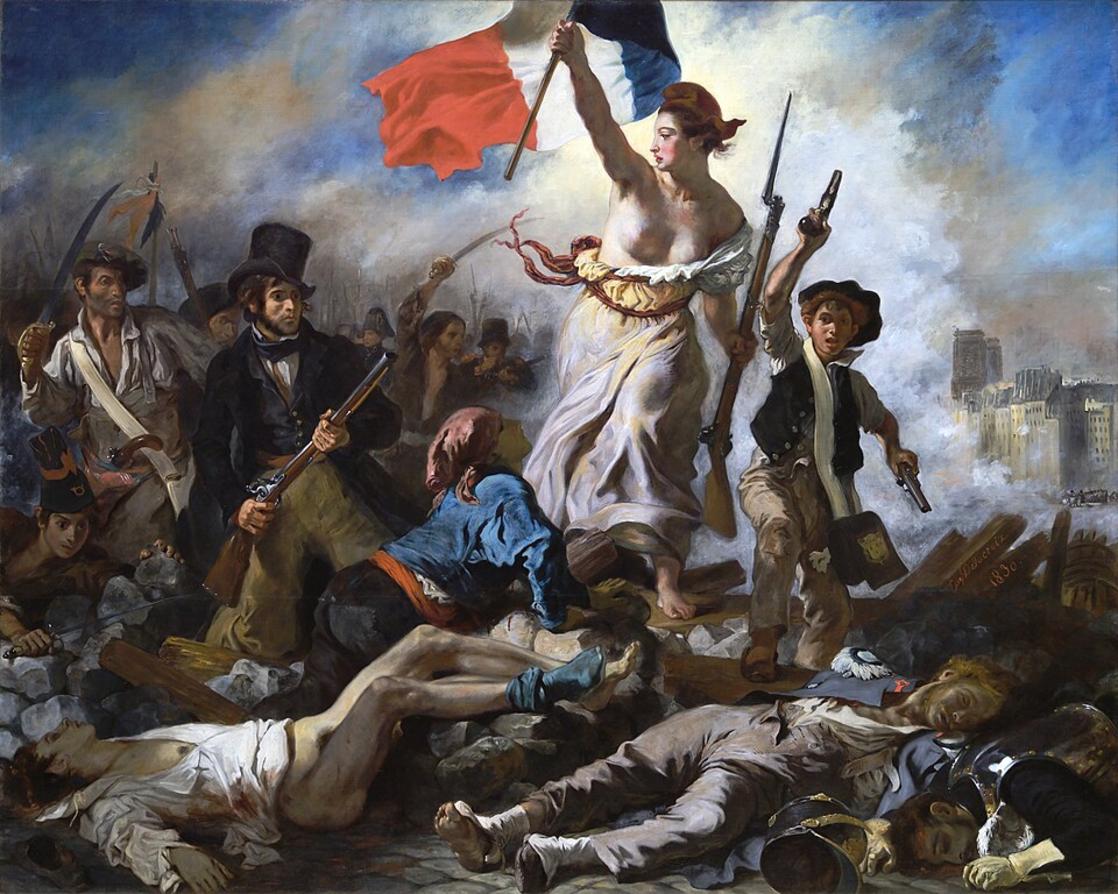 A woman representing Liberty raises the French tricolour and leads armed people over a barricade and the bodies of the fallen.
