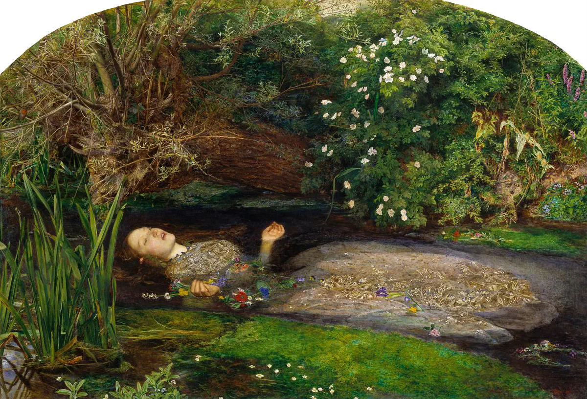 John Everett Millais’s Ophelia: a young woman floats on her back in a river, her open hands surrounded by flowers and dense green plants.