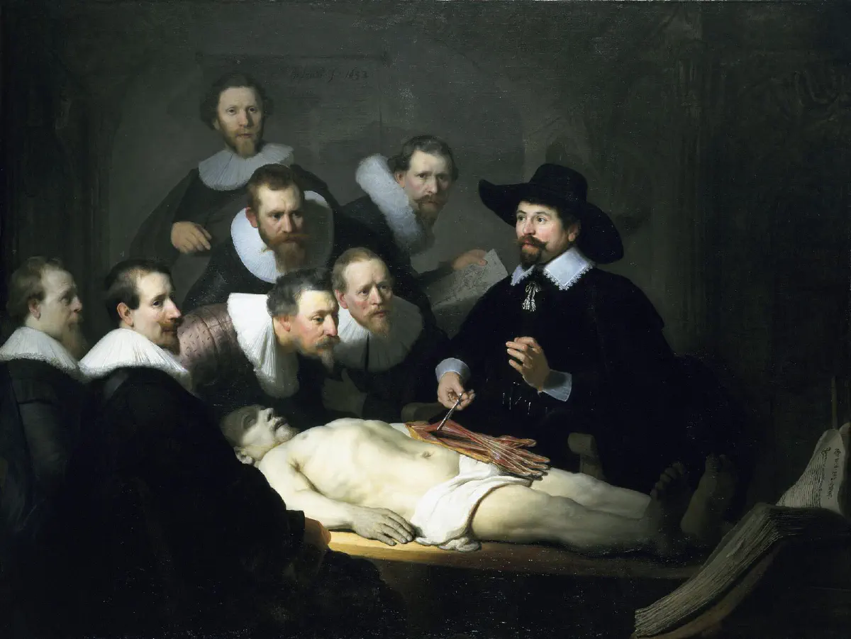 Rembrandt’s 1632 group portrait: Dr Nicolaes Tulp demonstrates the muscles of a dead man’s forearm to seven men gathered around the body.