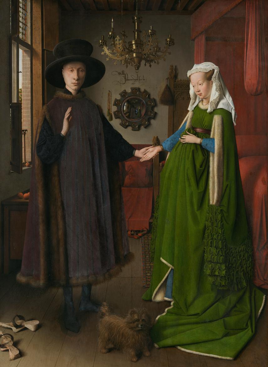 Full-length double portrait of a richly dressed man and woman standing in a furnished room. A convex mirror hangs on the rear wall; a small dog stands between the figures.