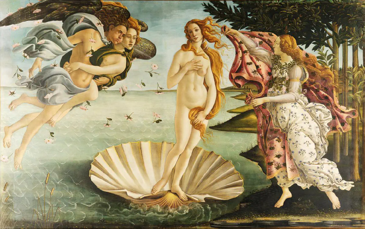 Sandro Botticelli’s painting of Venus standing on a large scallop shell as wind gods blow her toward shore, where a woman waits with a cloak.