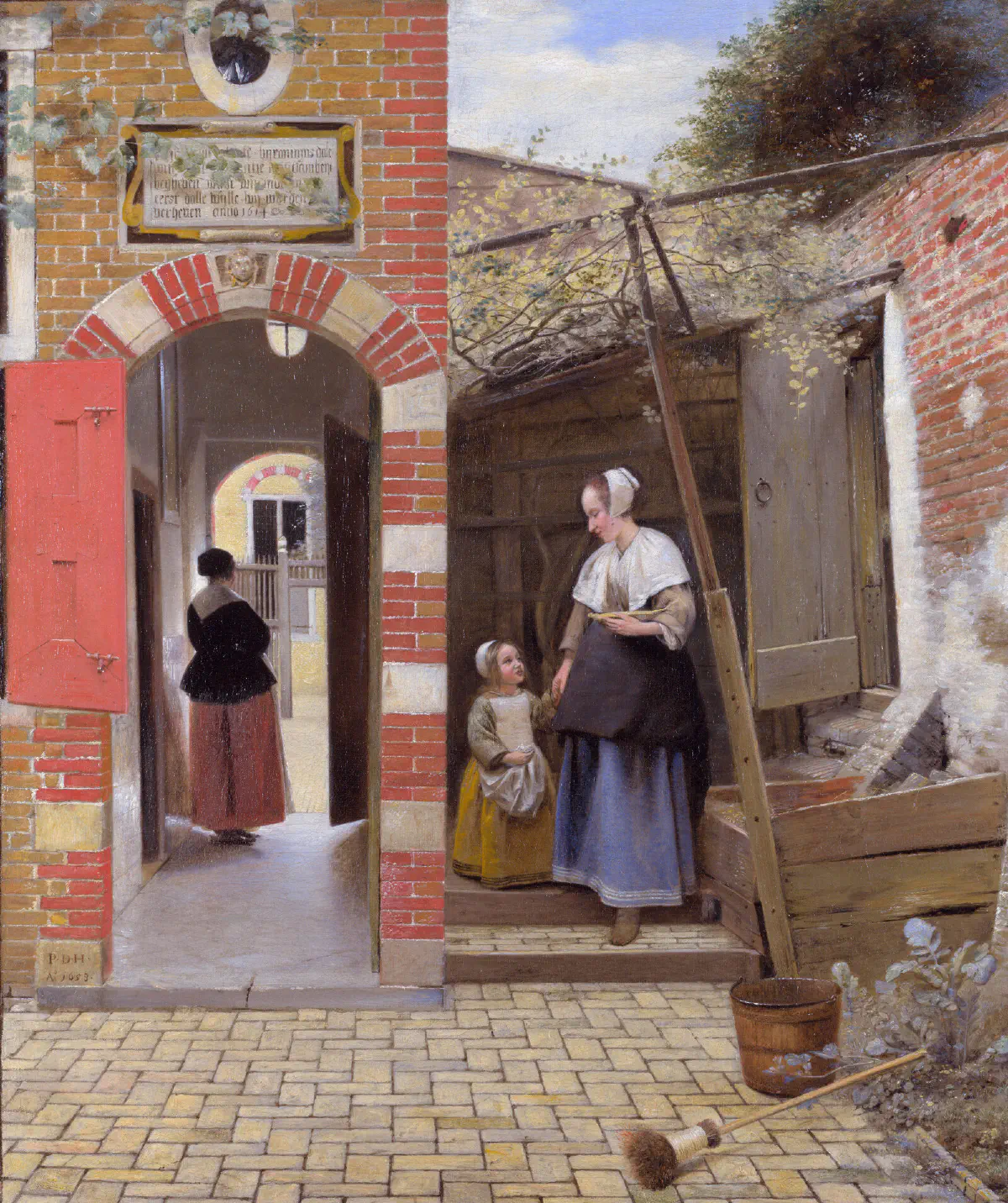 A maid holding a child's hand stands in a sunlit brick courtyard; another woman is visible in a passage through an arch on the left.
