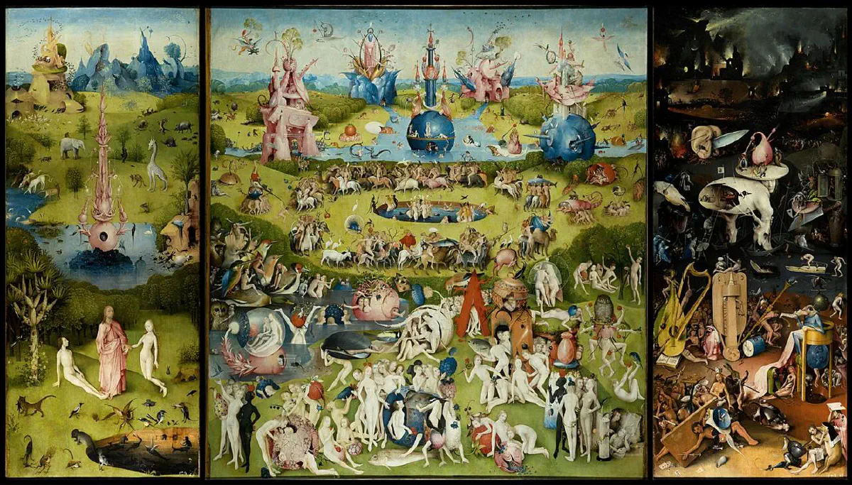 The open triptych shows Eden on the left, a crowded scene of nude figures and animals in the center, and a dark, densely populated Hell on the right.