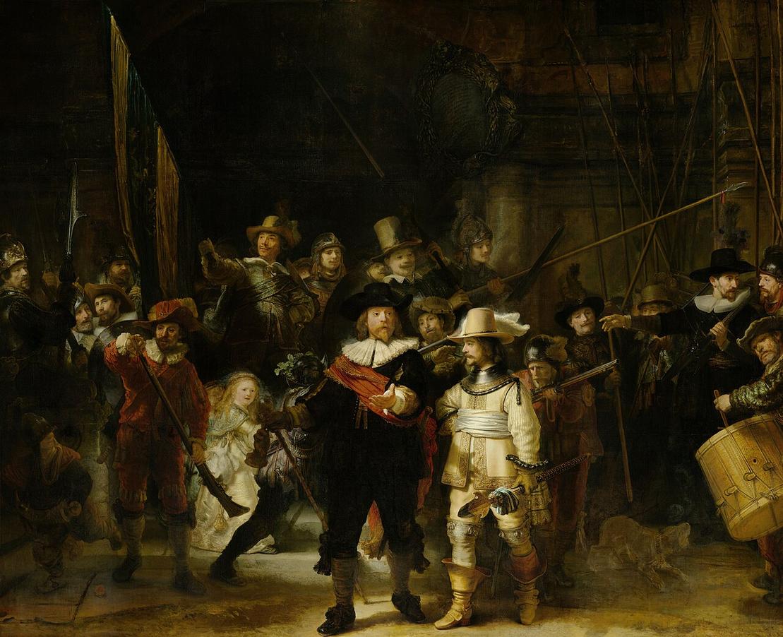 Rembrandt’s large group portrait of an Amsterdam civic militia company, with Captain Frans Banninck Cocq and Lieutenant Willem van Ruytenburch at the centre, surrounded by armed figures in dramatic light and shadow.