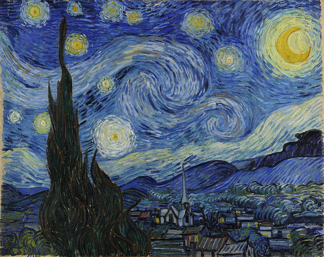 Vincent van Gogh’s The Starry Night: a dark cypress rises before a quiet village beneath a blue, swirling sky, bright stars, and a crescent moon.