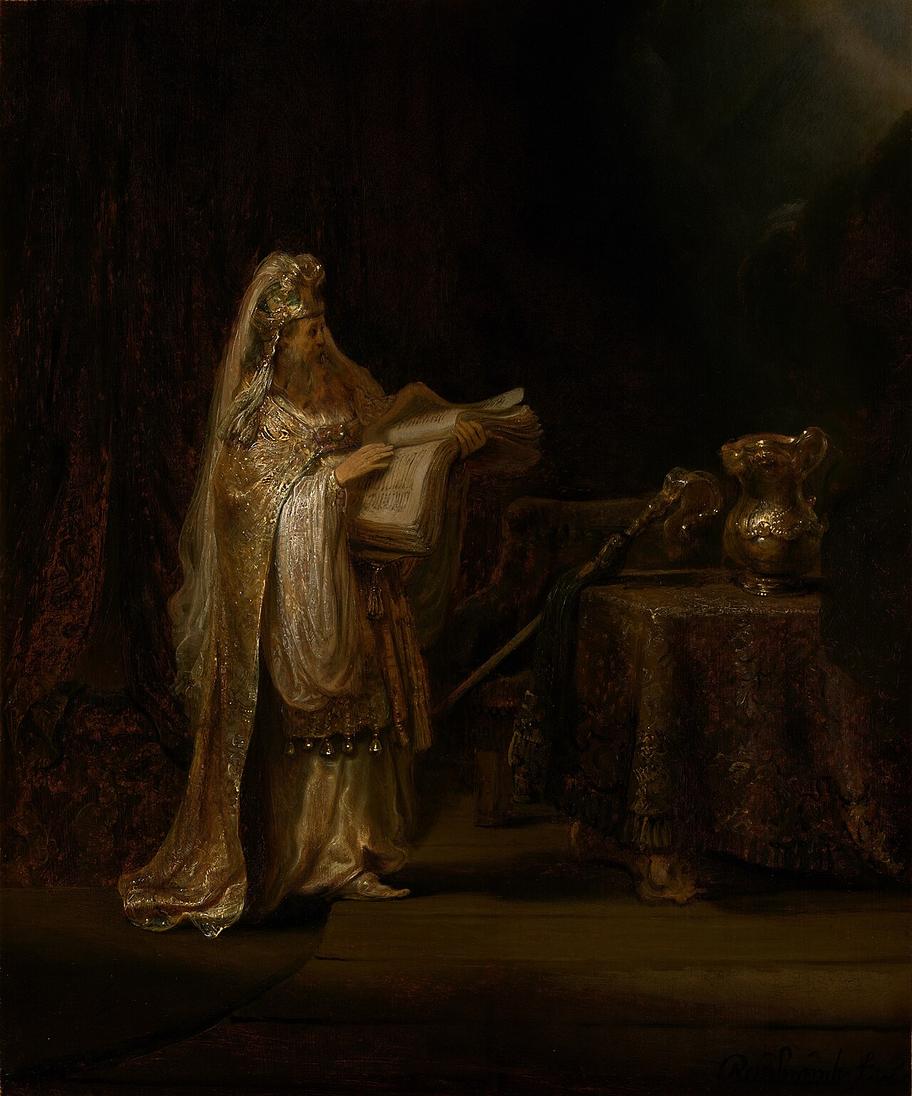 Rembrandt’s painting shows the elderly priest Zechariah in a richly decorated robe inside the temple. A light enters from the upper right, marking the arrival of the angel Gabriel.