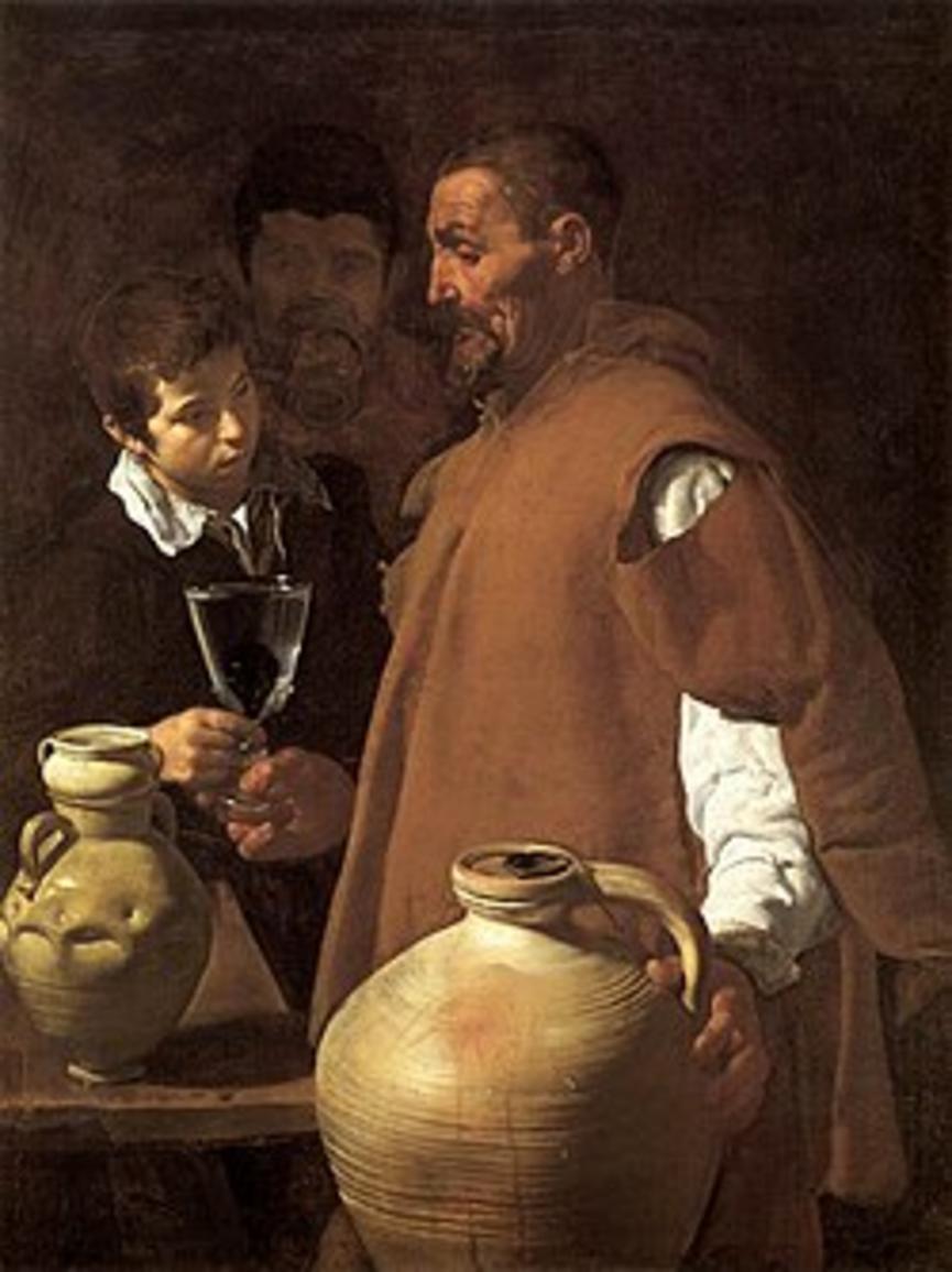 An older waterseller hands a glass to a boy beside large water jars; a third figure stands in shadow behind them.