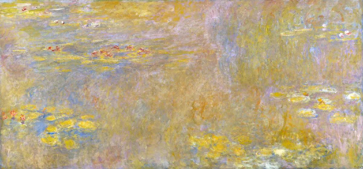 A broad, horizontal painting of water lilies and shifting reflections, with no visible horizon or shore to fix the viewer’s position.