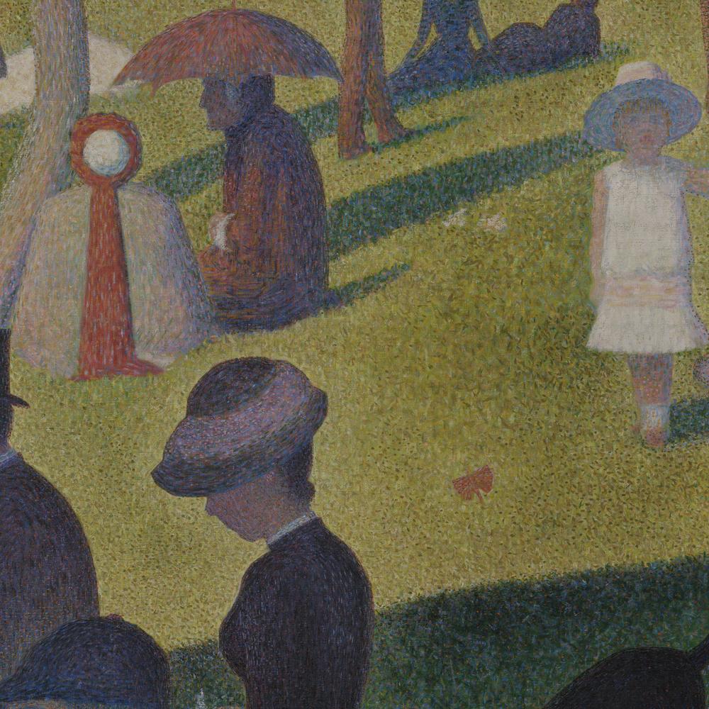 Close view of a central section of Seurat's painting, showing figures and the tiny marks of color that build their forms