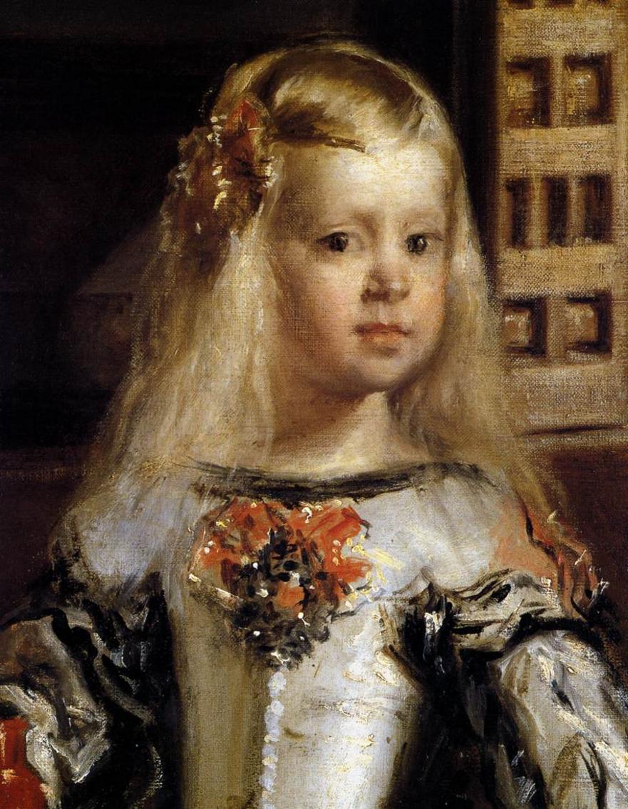Close view of Infanta Margarita in Las Meninas, with the pale fabric and bright light around her face