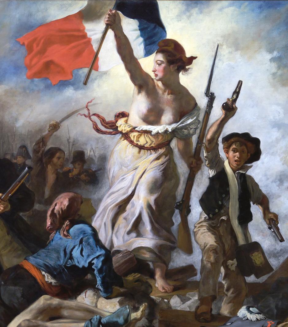 Closer view of Liberty and the crowd pressing forward behind her, with the raised tricolour above the barricade
