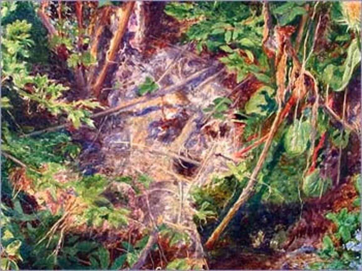 Close view of a skull-like form among the riverbank details in Millais’s Ophelia; the shape is small and easy to miss.
