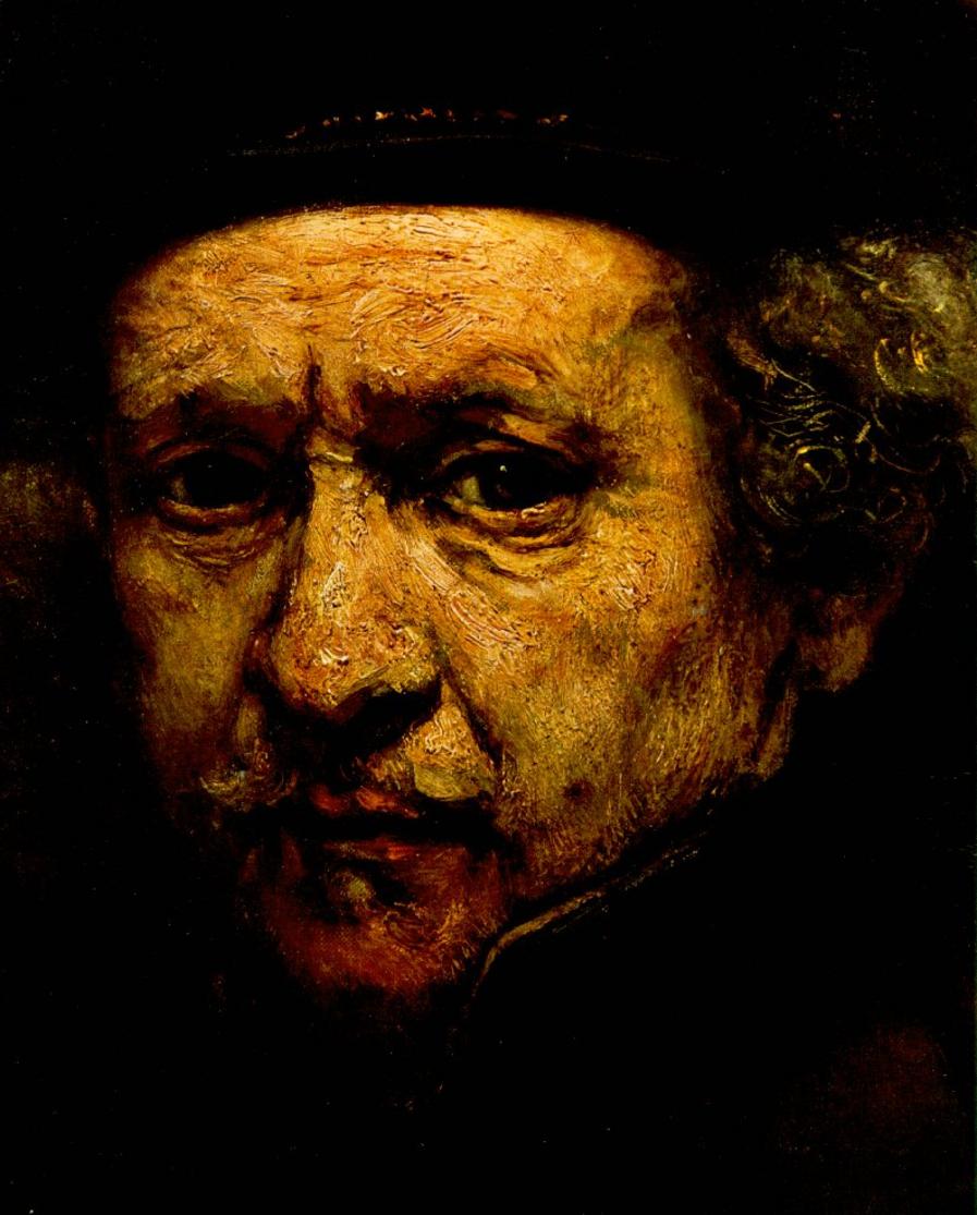 Close view of Rembrandt’s face, with thick, varied brushstrokes building the forehead, nose, cheek, and wrinkles around the eye
