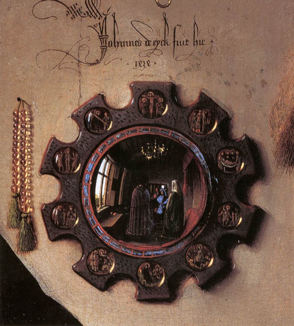Full view of the room, including the convex mirror, the figures, and the inscription on the rear wall