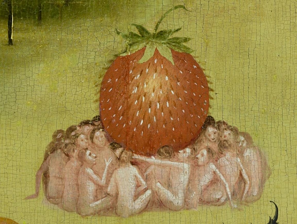 Close view of a large strawberry and nearby figures in the central panel of Bosch’s triptych