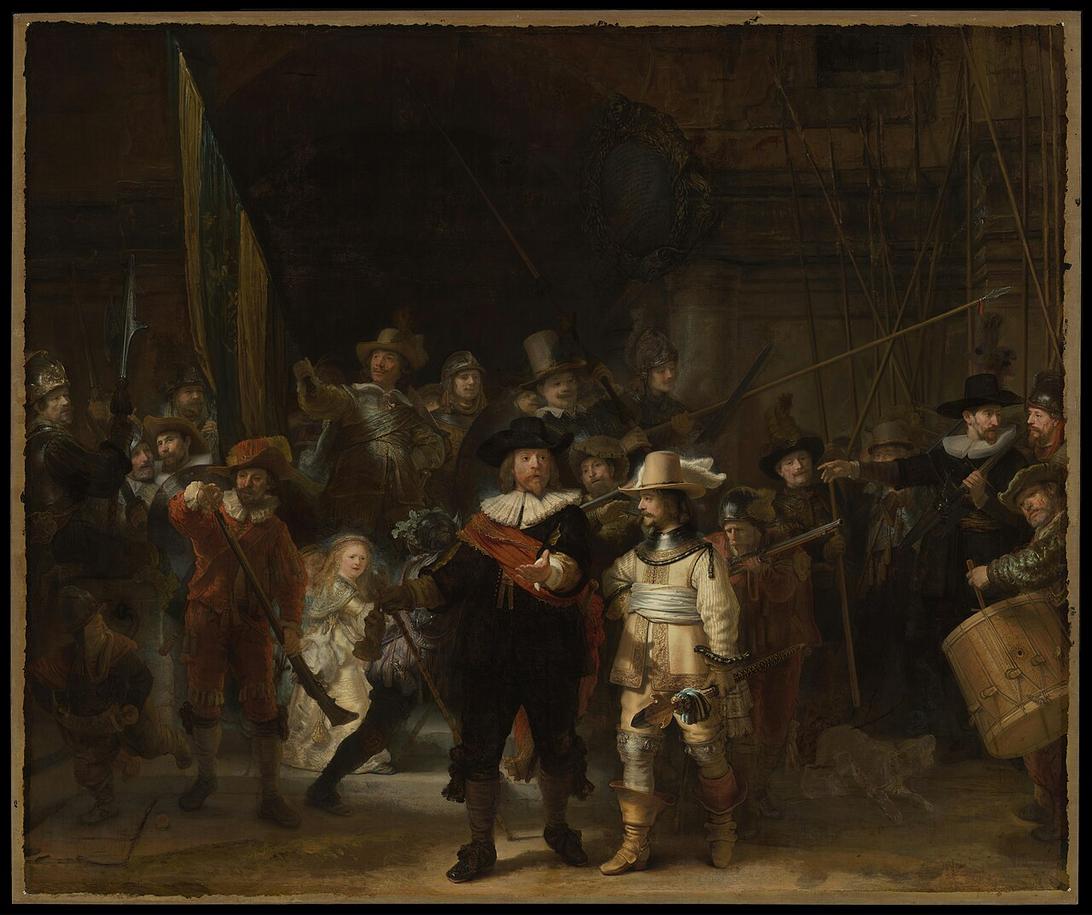 Full view of Rembrandt’s The Night Watch, showing the militia company gathered in a dramatic, busy composition