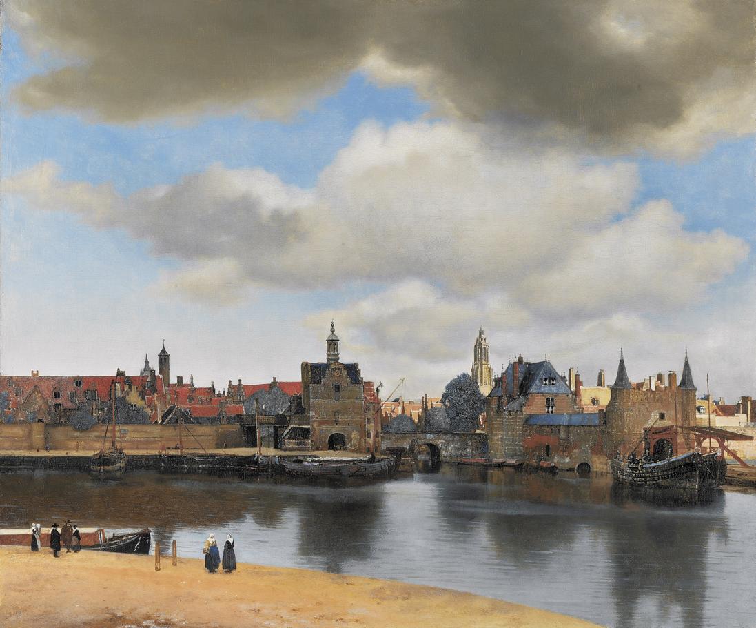 Detail from View of Delft showing the city gates and church towers above the harbour, with sunlight catching the buildings