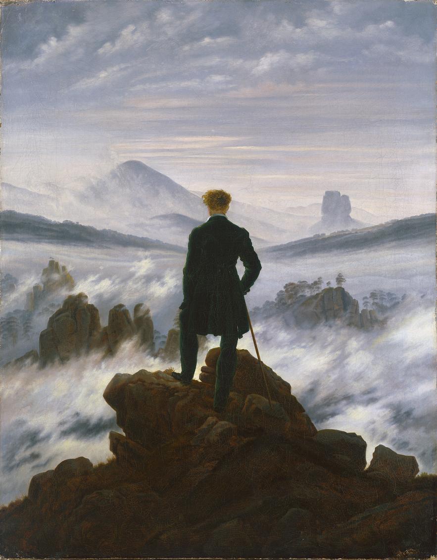 Close view from the painting showing the back-facing figure standing on a rocky ledge above the fog