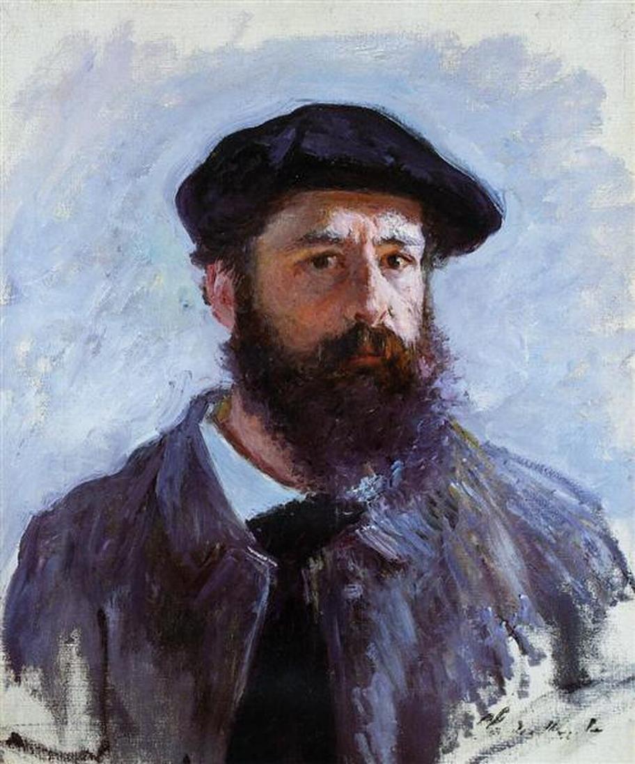Claude Monet in a dark beret and coat, with a full beard, looks toward the viewer against a muted background.