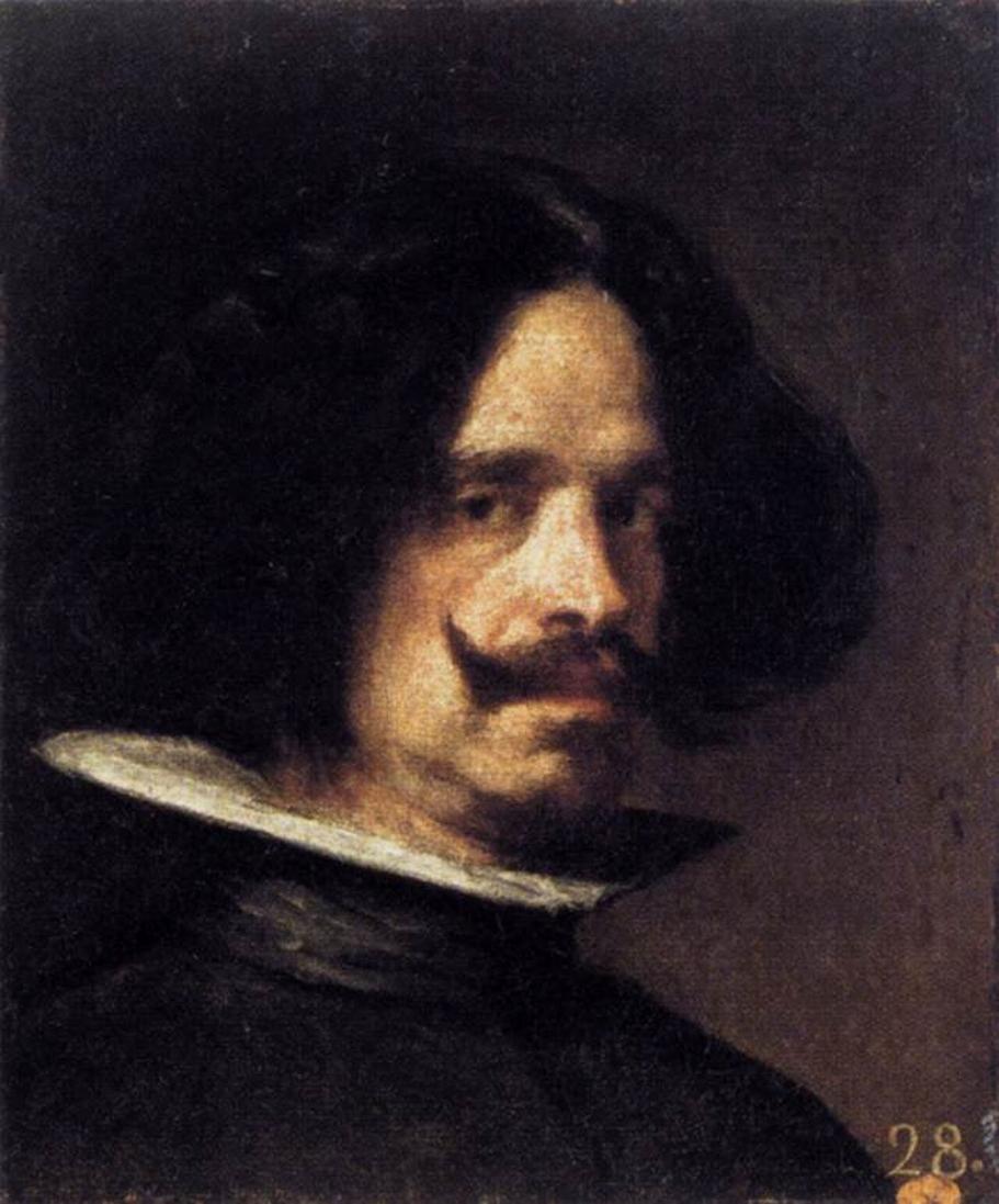 Self-portrait of Diego Velázquez, shown from the chest up against a dark background, wearing dark clothing with a white collar.