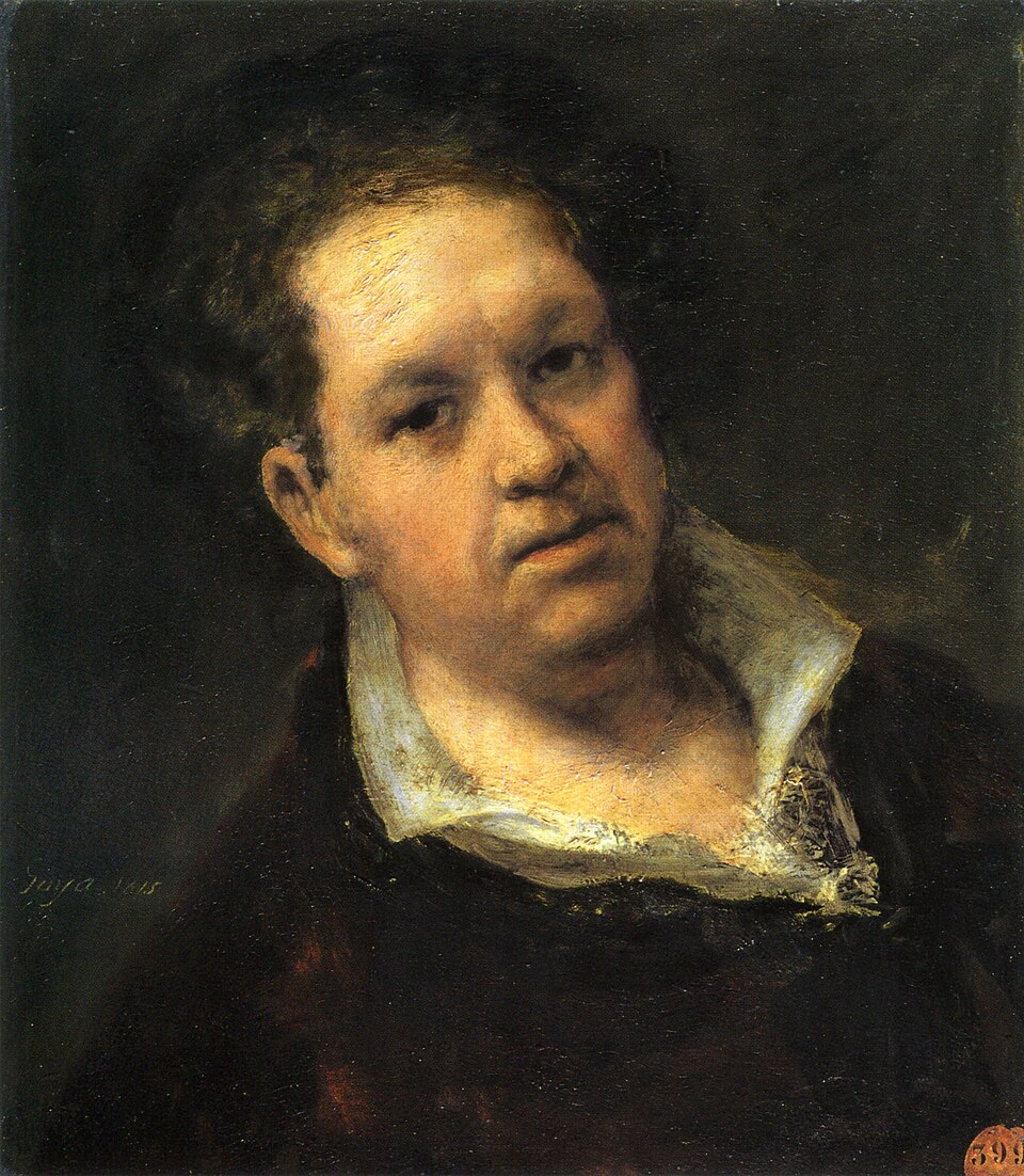 Francisco de Goya's 1799 printed self-portrait, the first plate of Los Caprichos. He faces the viewer, with the caption identifying him as a painter.