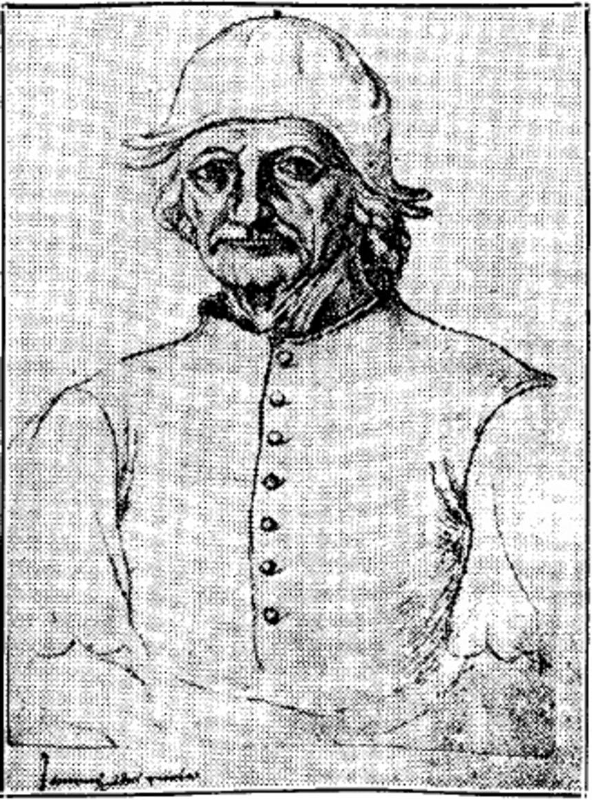 Drawn portrait of Hieronymus Bosch as an old man, in a soft cap and a buttoned jacket, looking toward the viewer.