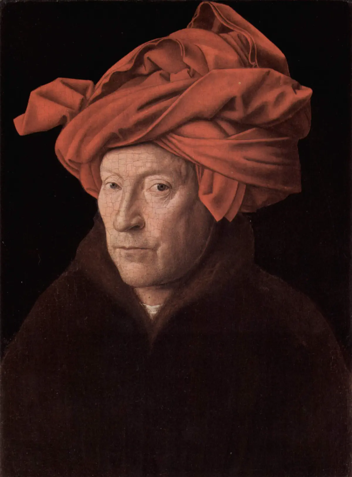 Jan van Eyck, Portrait of a Man (possibly a self-portrait), 1433. A man in a red turban looks directly out from a dark background.