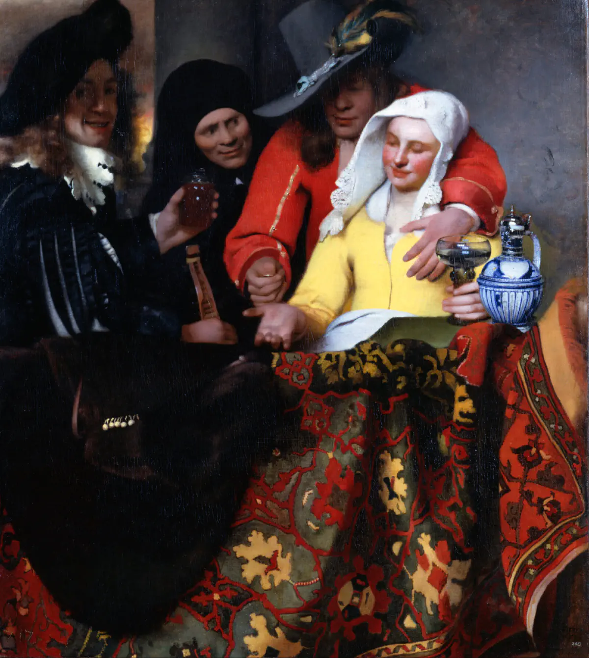 Johannes Vermeer's The Procuress, a crowded interior scene with four figures gathered around a table.