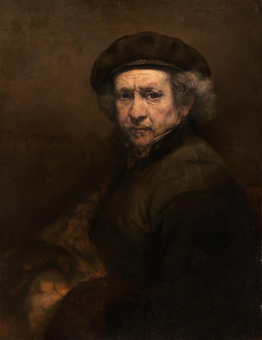 Rembrandt sits with his hands clasped, wearing a dark beret and high collar; warm light falls across his face against a muted brown and gray background.